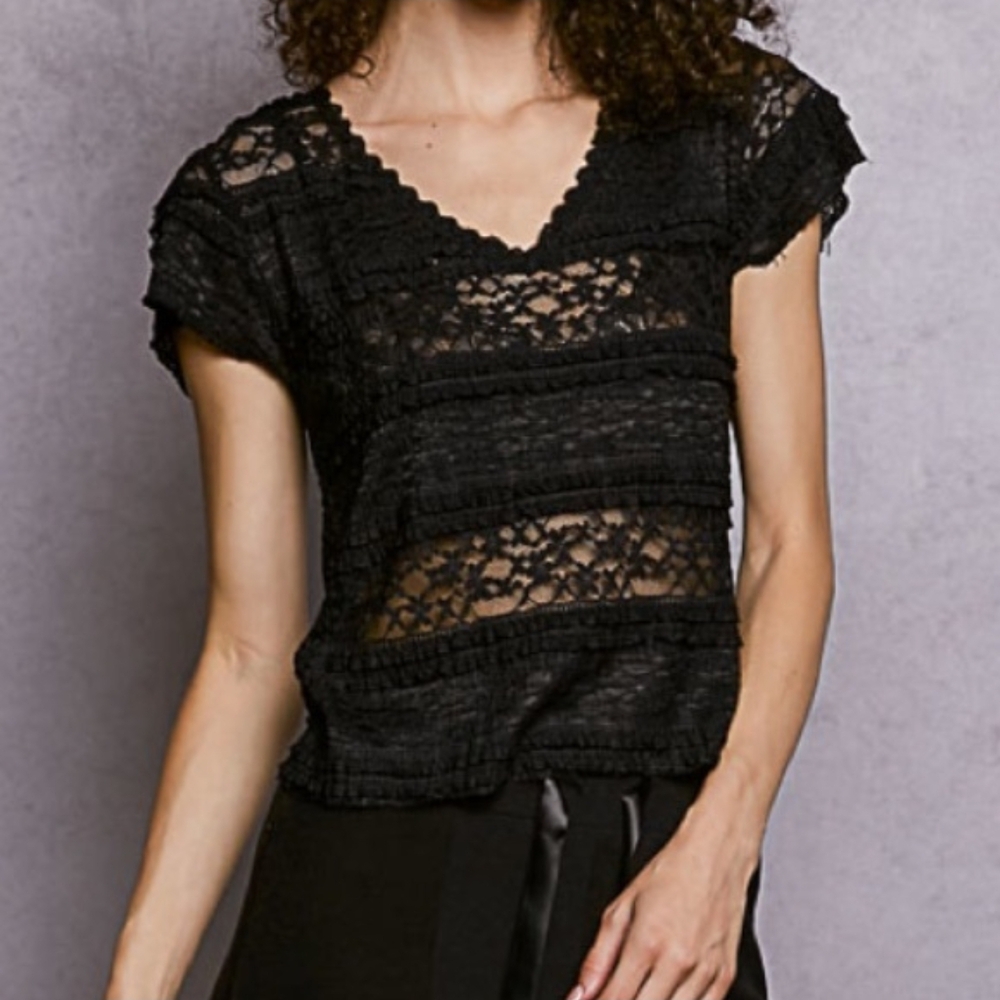POL Women's Black Stretchy V-Neck Short Sleeve Lace Top NWT Size Small